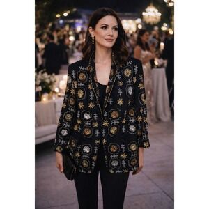 Marshall Rousso Blazer Jacket Black Floral Womens L Sequins Embroidered Rayon